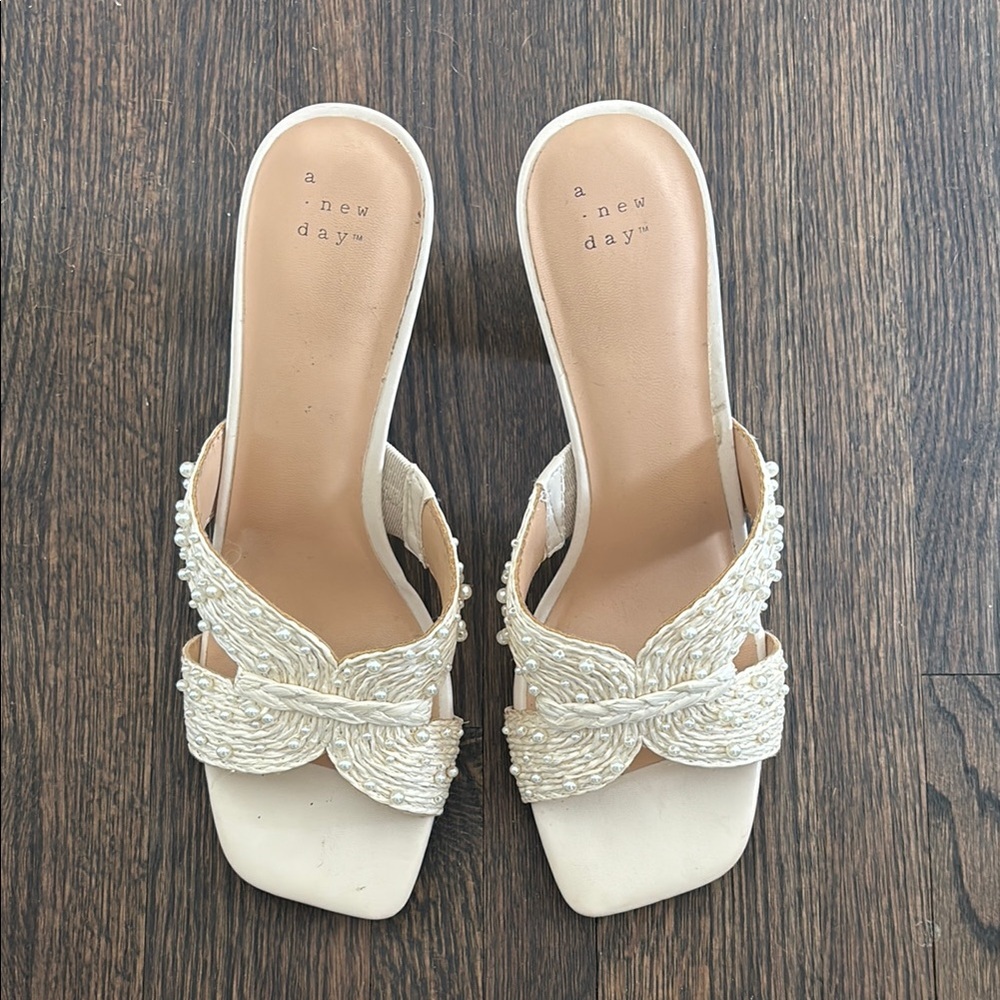 A New Day Women's Cream Slide Sandals With Pearls
